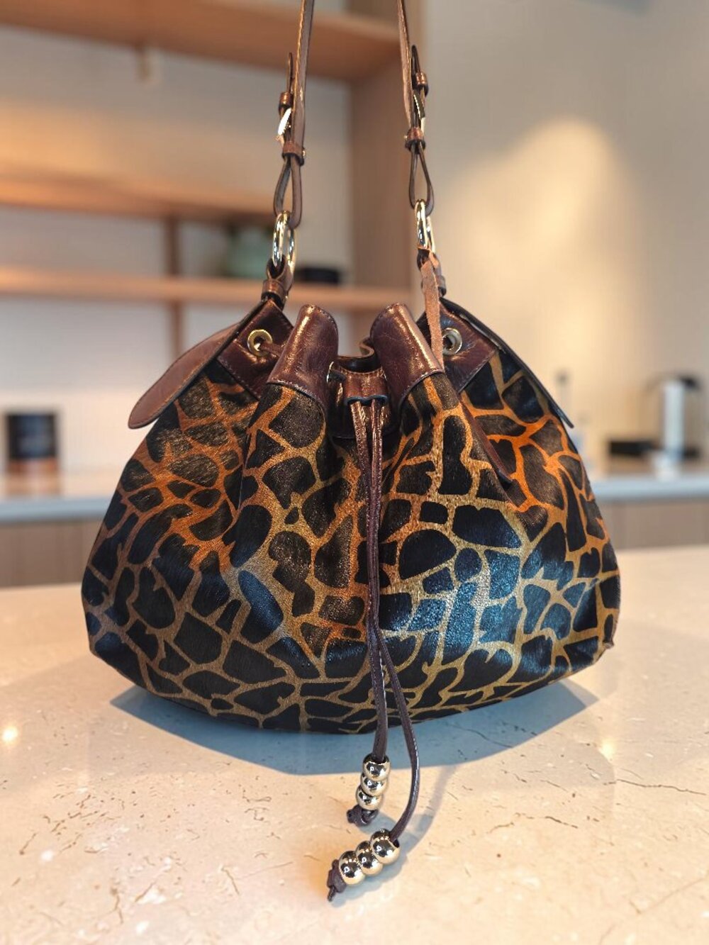 Aqua Madonna Brown Leather and Hair-on-Hide Shoulder Bag EUC